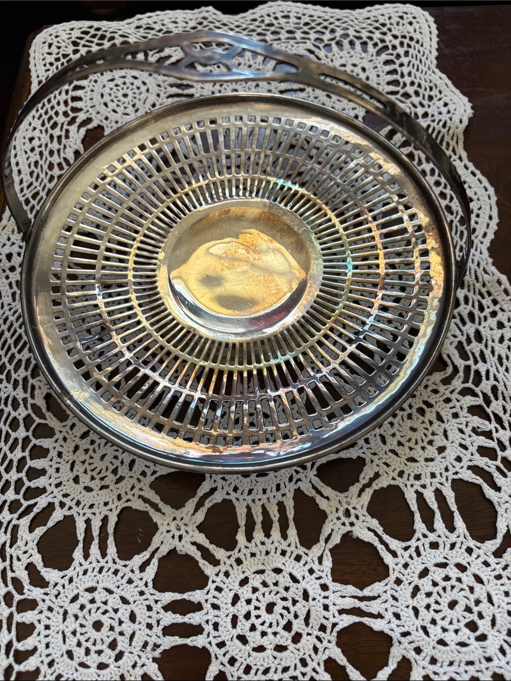 Vintage Silver Plated Serving Basket with Pierced Design and Swing Handle